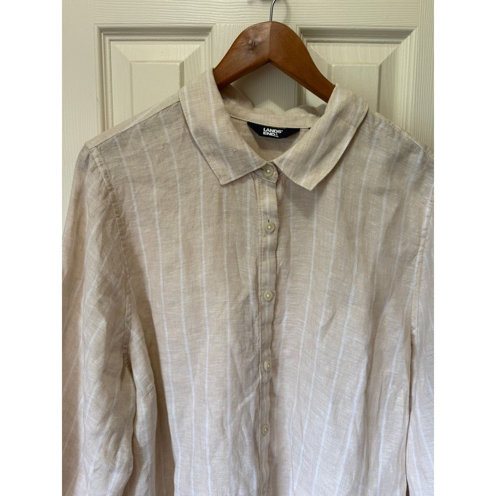 Lands End Womens XL Linen Shirt Striped Long Sleeve Button Down Lagenlook Fall